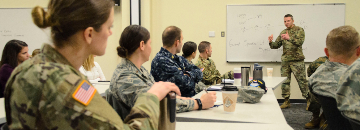 Army Lt. Col. Dave Butler, Special Operations Command, visits DINFOS students Feb. 9, 2018.