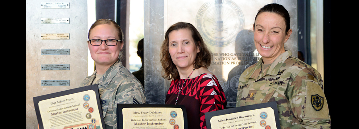 Tech. Sgt Ashley Hyatt, Tracy DeMarco and Maj. Jennifer Bocanegra become master instructors Feb. 20, 2018.